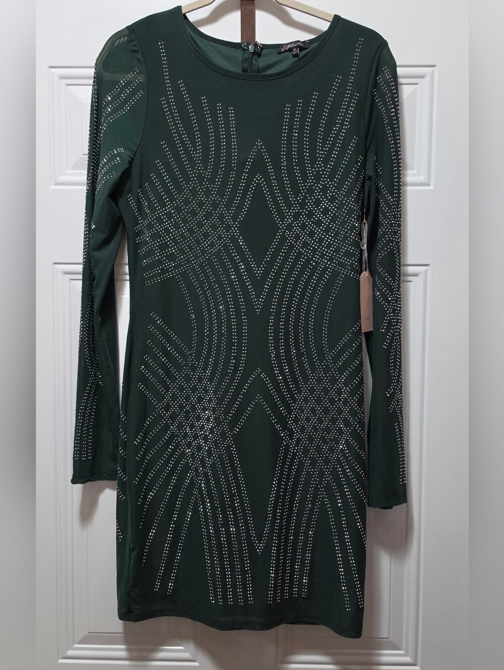 Emerald Green Long Sleeve Rhinestone Dress